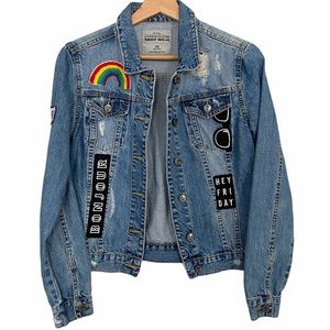 Tally Weijl Distressed Jean Denim Rainbow Patch Sunglasses Bonjour Jacket Small
